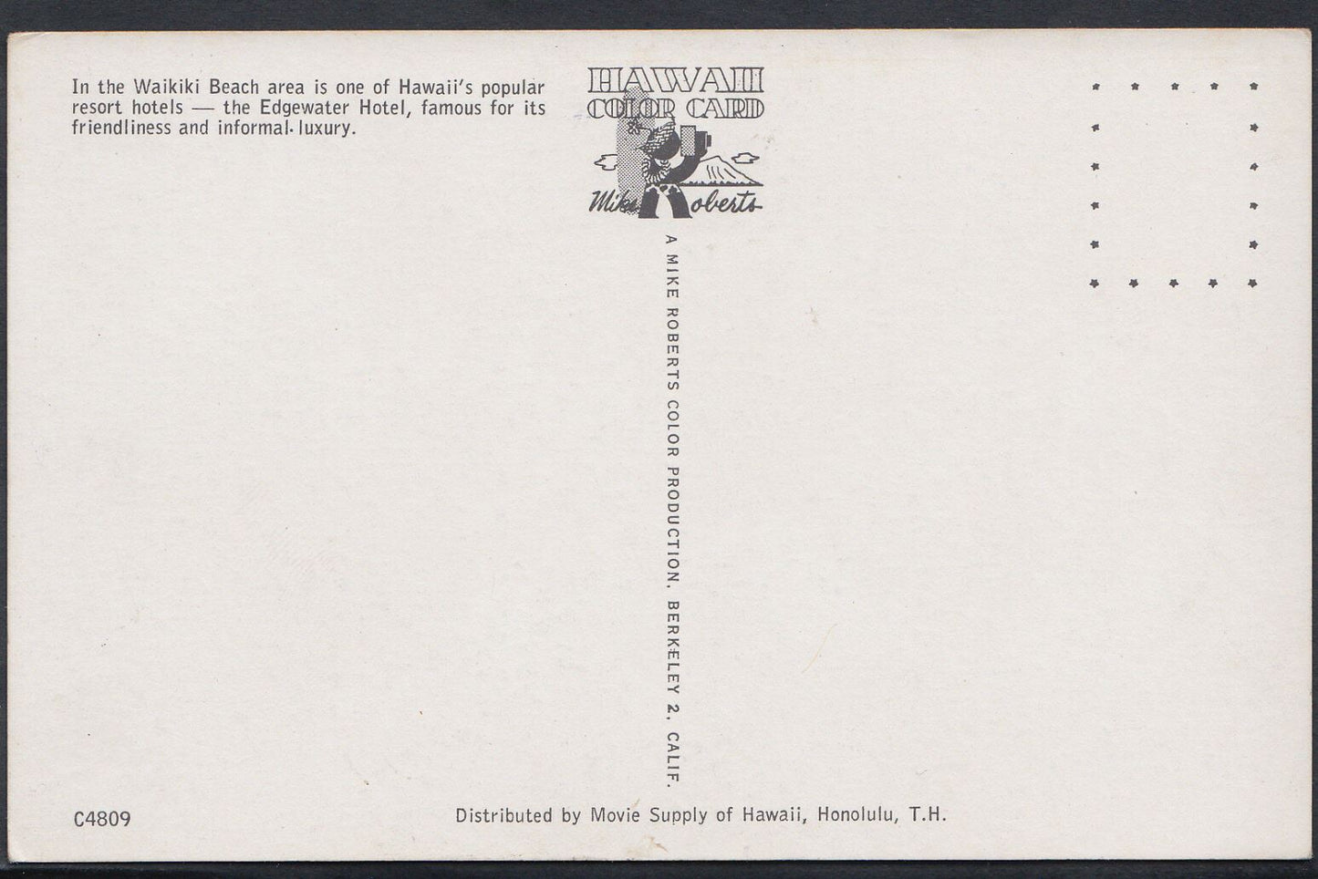 America Postcard - The Edgewater Hotel, Waikiki Beach, Hawaii   RT1080