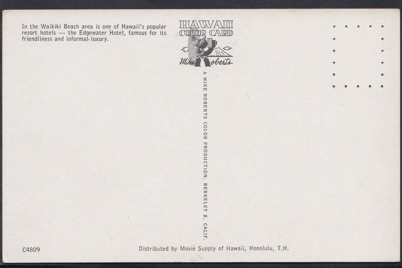America Postcard - The Edgewater Hotel, Waikiki Beach, Hawaii   RT1080