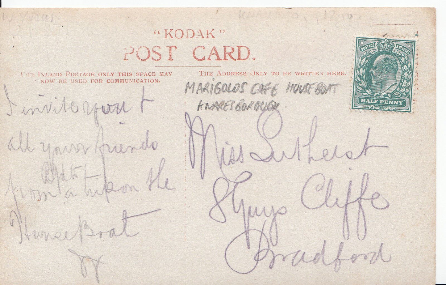 Yorkshire Postcard - Marigolds Cafe Houseboat, Knaresborough   A5680
