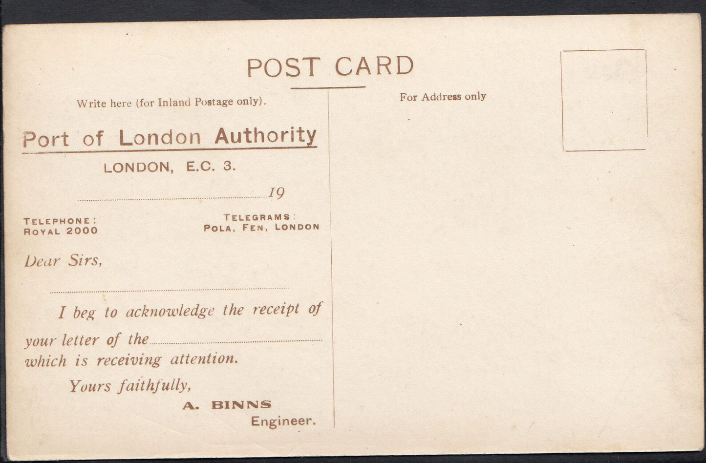London Postcard - The Port of London - Dock Transit Shed    BE516