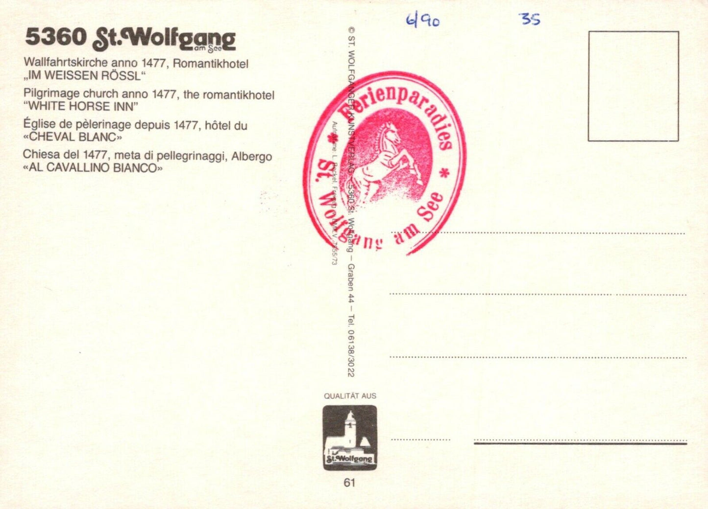 Austria Postcard - Aerial View of St Wolfgang im Salzkammergut   RR9001