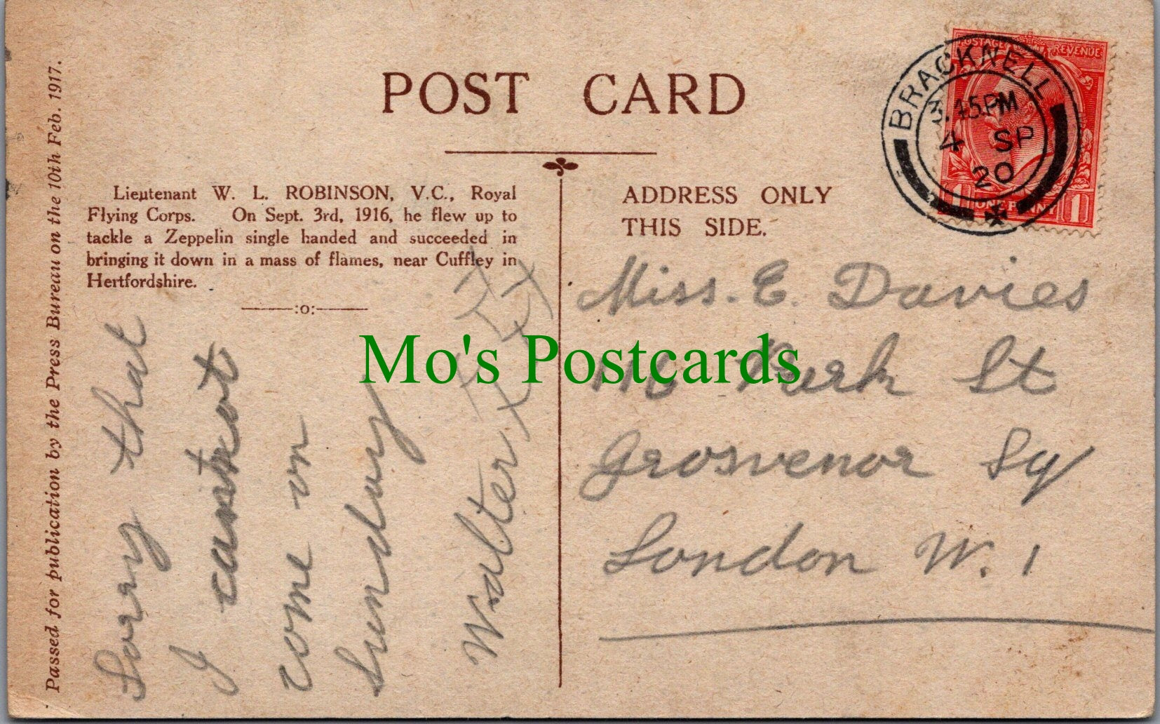 Military Aviation Postcard - Lieutenant W.L.Robinson V.C, Royal Flying Corps Ref.SW9890