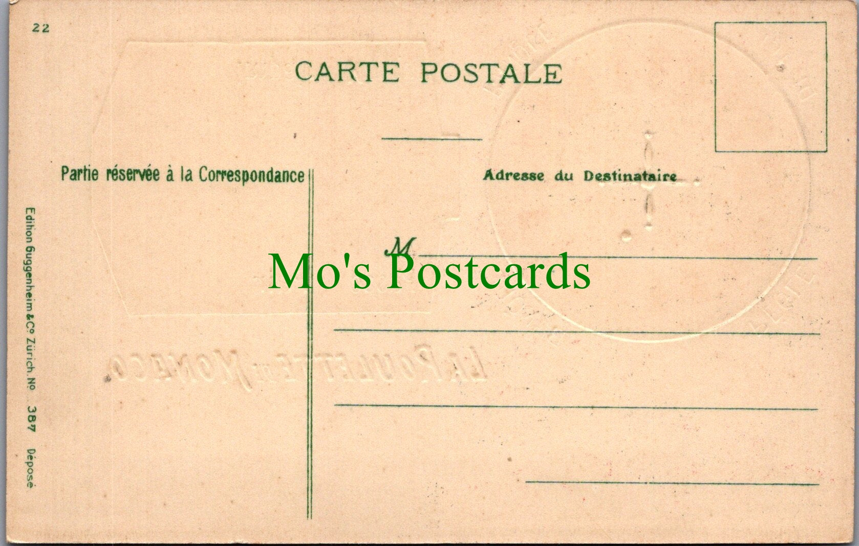 Embossed Casino Postcard - La Roulette De Monaco Ref.SW9881