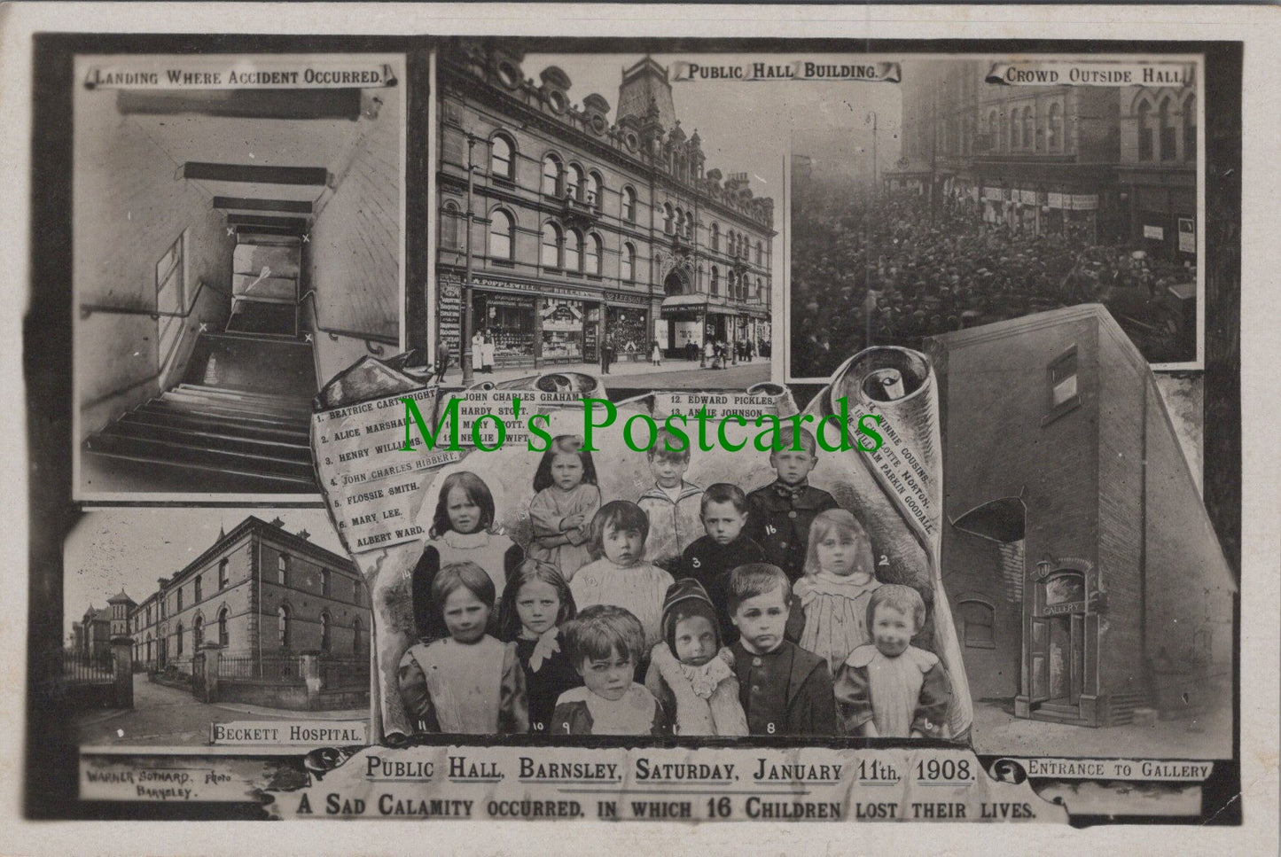 Yorkshire Postcard - Public Hall, Barnsley, 16 Children Lost Their Lives in 1908 Ref.HP299