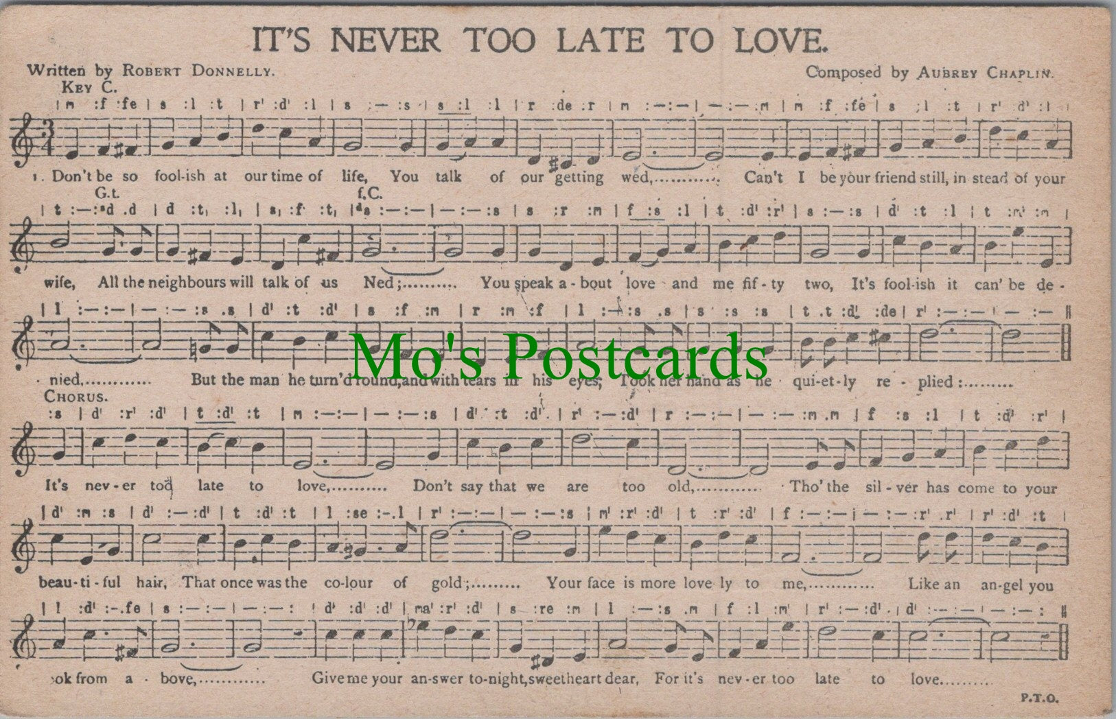 Music Postcard - Musical Notes, It's Never Too Late To Love, Aubrey Chaplin Ref.HP316