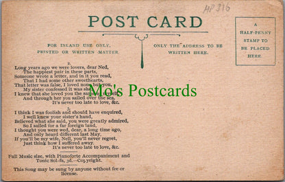 Music Postcard - Musical Notes, It's Never Too Late To Love, Aubrey Chaplin Ref.HP316