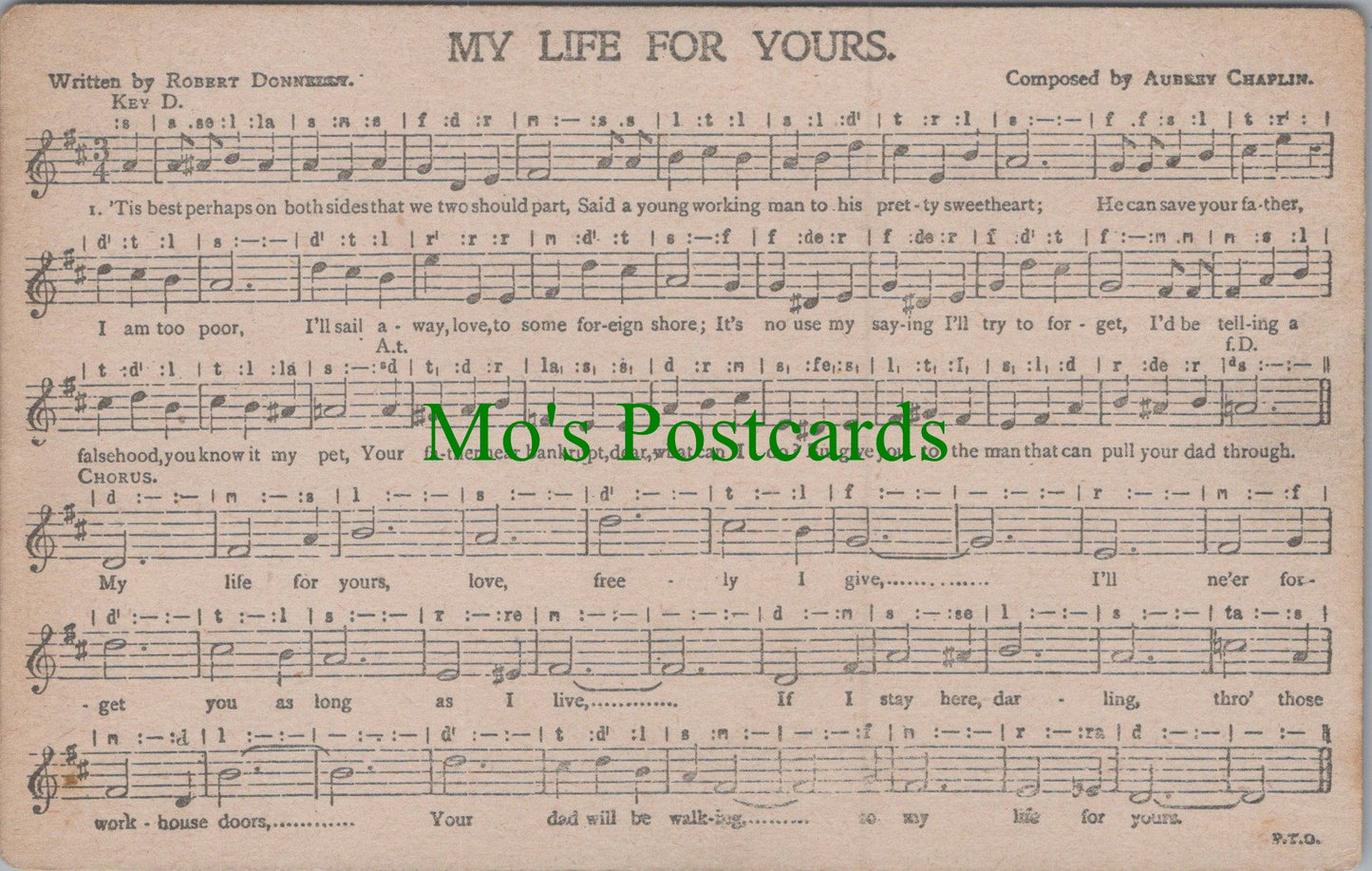 Music Postcard - Musical Notes, My Life For Yours, Aubery Chaplin Ref.HP318