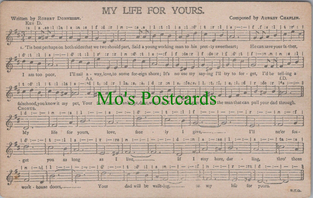 Music Postcard - Musical Notes, My Life For Yours, Aubery Chaplin Ref.HP318