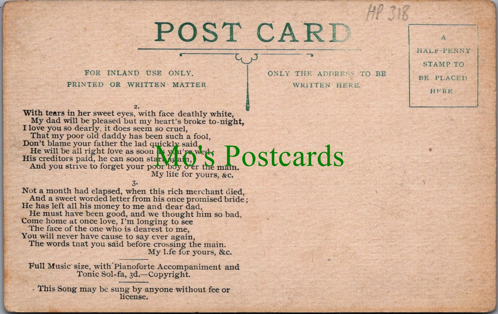 Music Postcard - Musical Notes, My Life For Yours, Aubery Chaplin Ref.HP318
