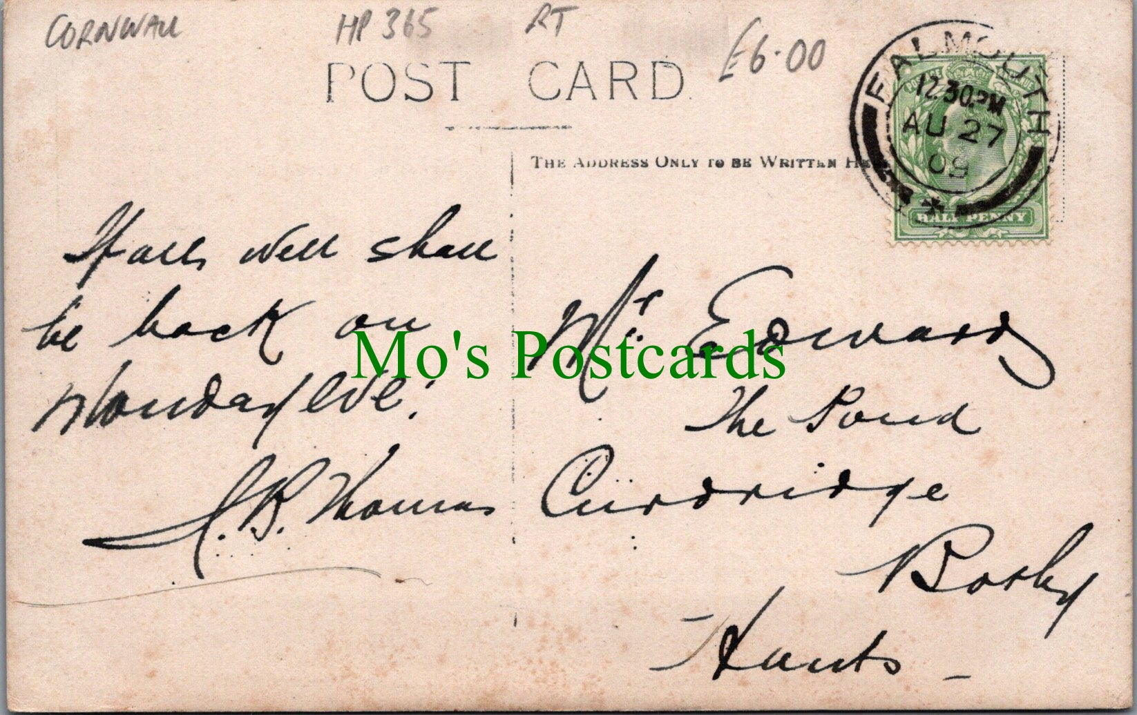 Cornwall Postcard - Chauffeur and Passengers, Falmouth Area Ref.HP365