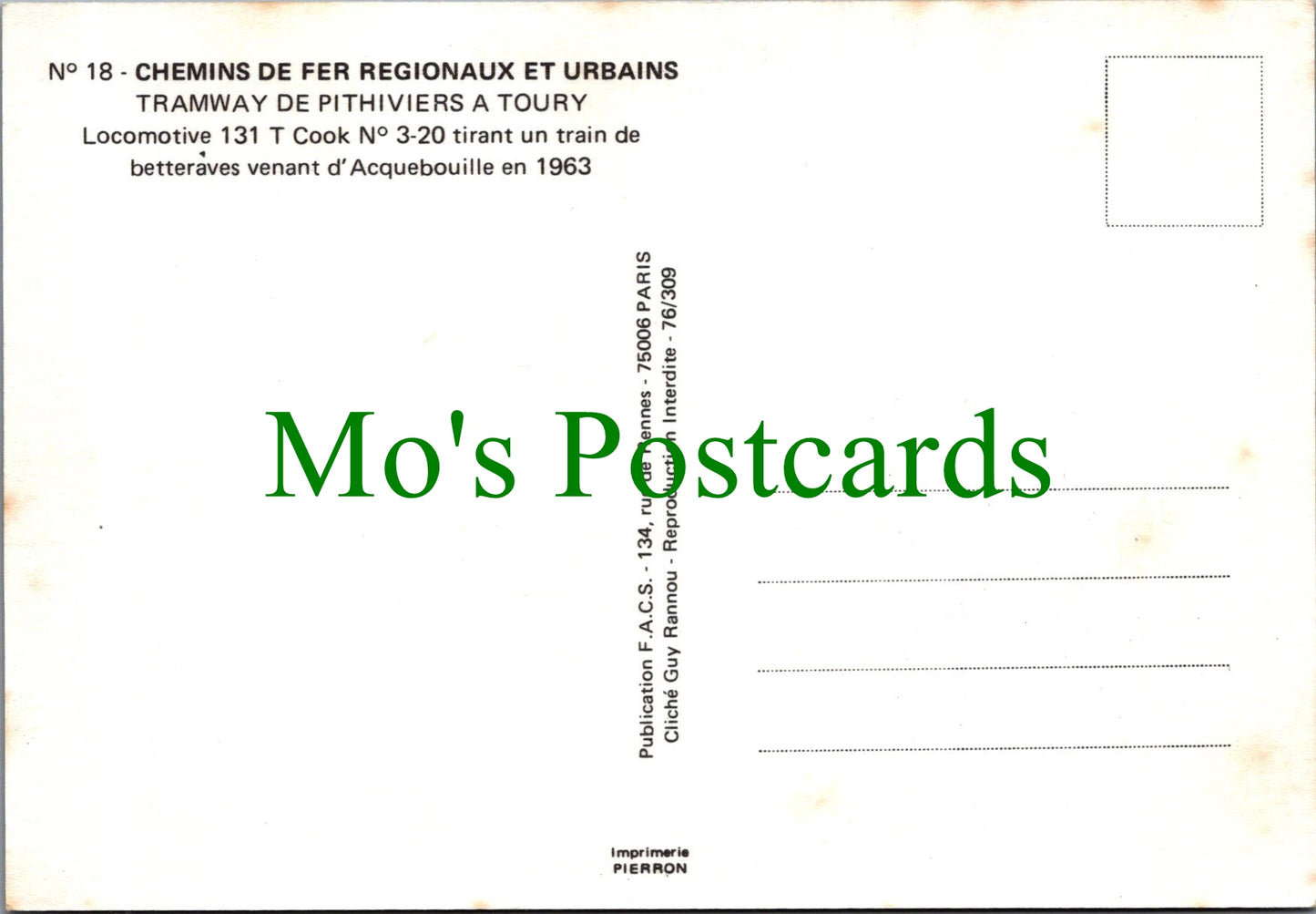 Tram Postcard - Tramway De Pithiviers a Toury, Locomotive 131 T Cook Ref.SW10229