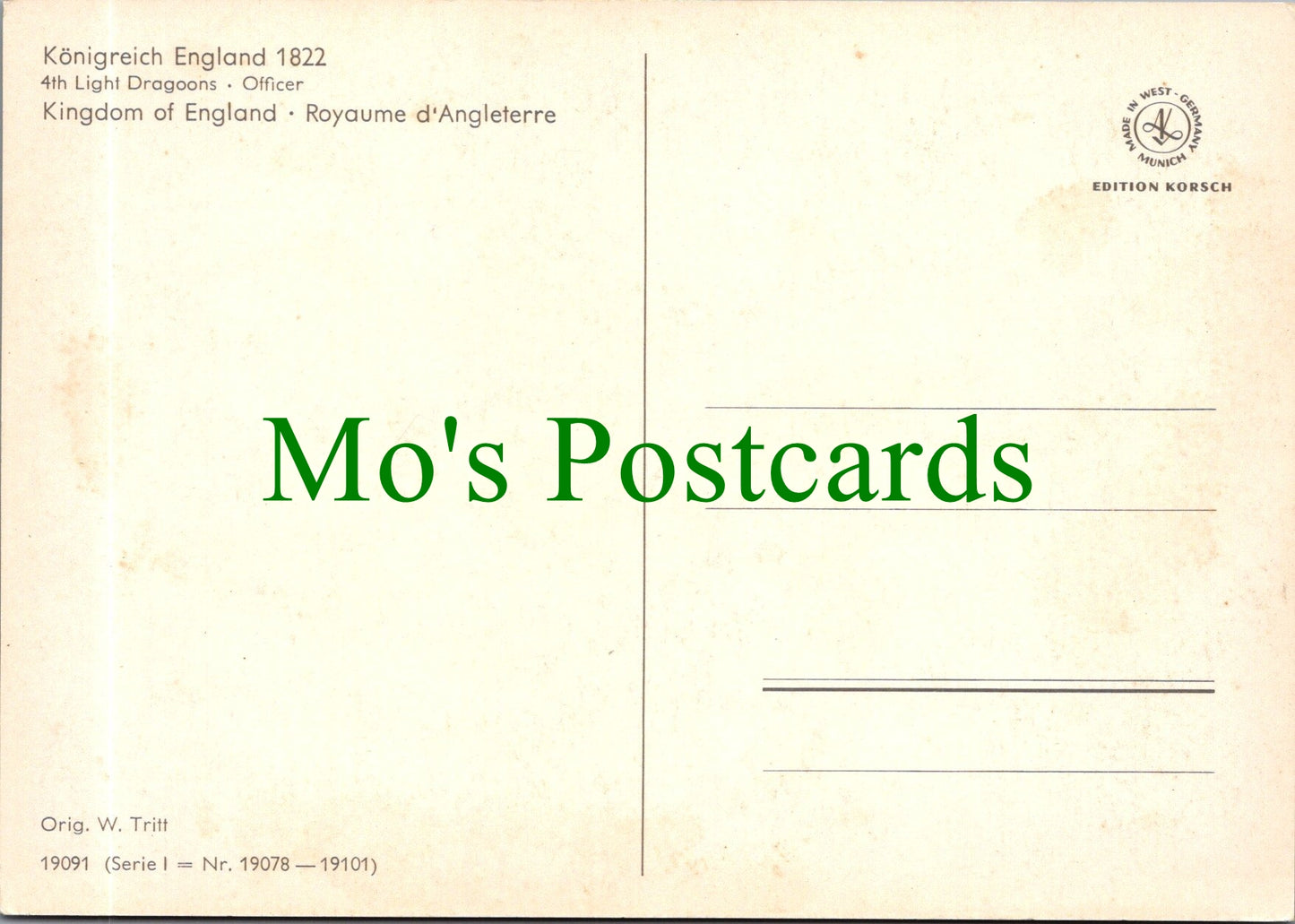 Military Postcard - 4th Light Dragoons Officer, Konigreich England 1822 - Ref.SW10232