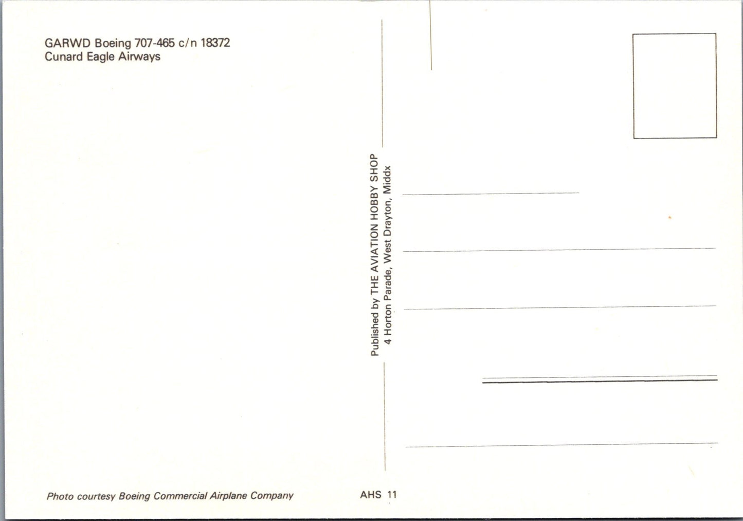 Aviation Postcard - Cunard Eagle Airways Boeing 707-465 Aeroplane Ref.SW10005