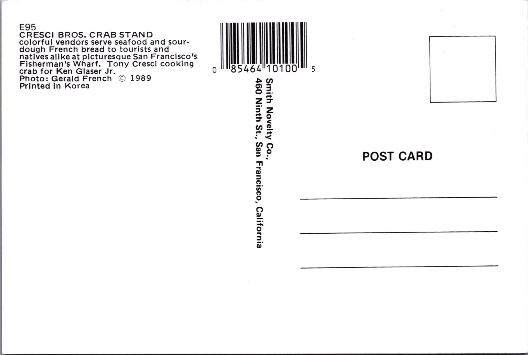 Food Postcard - Cresci Bros, Crab Stand, Fisherman's Wharf, San Francisco Ref.SW10008