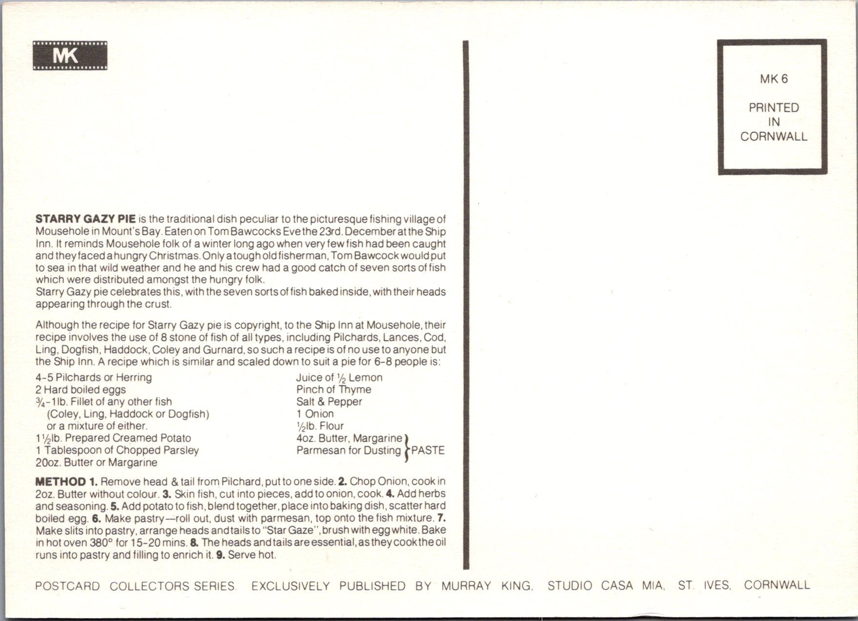 Food Postcard - Starry Gazy Pie, Mousehole Ref.SW10014