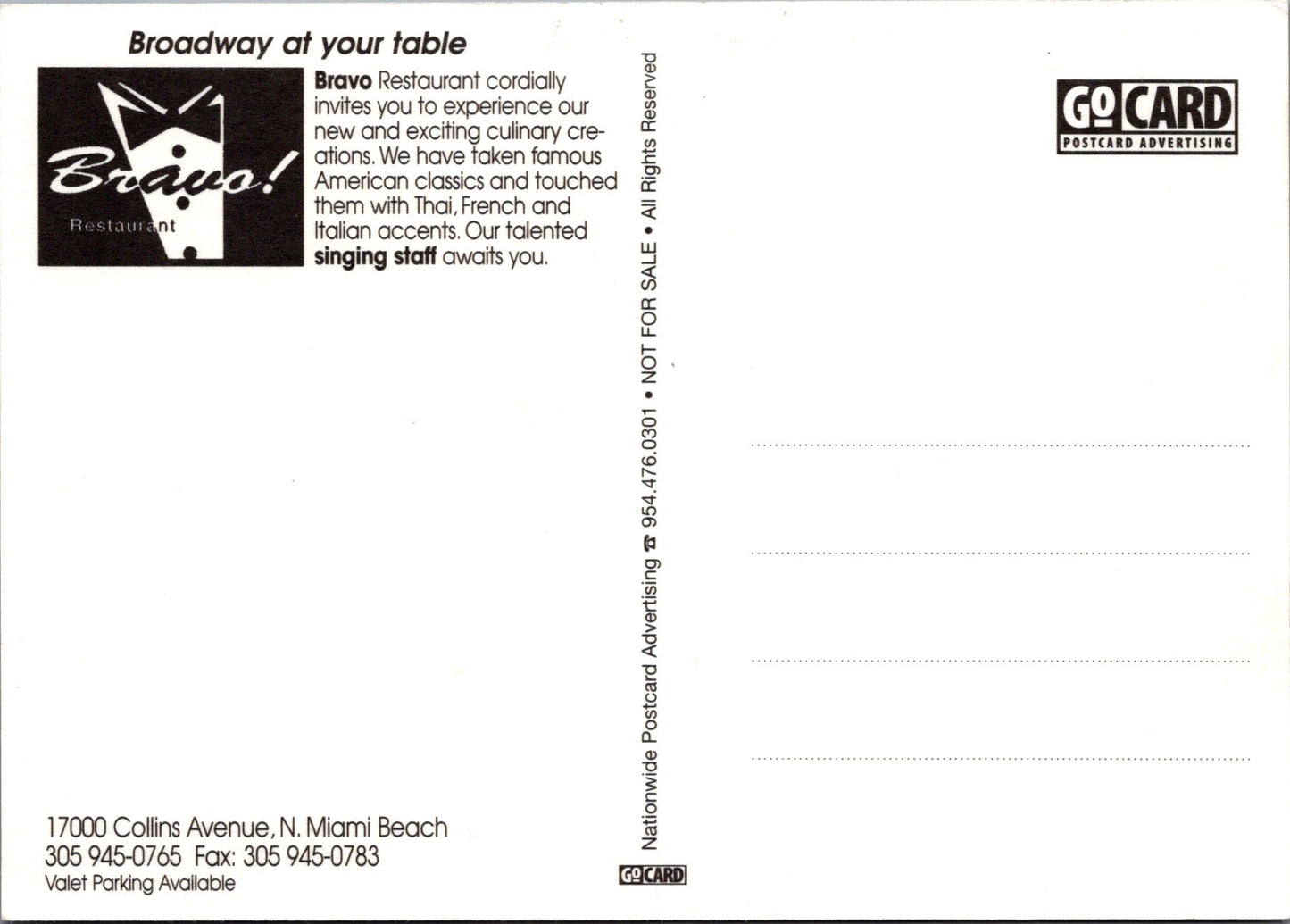 Food Postcard - Bravo Restaurant, Miami Beach, Florida Ref.SW10047