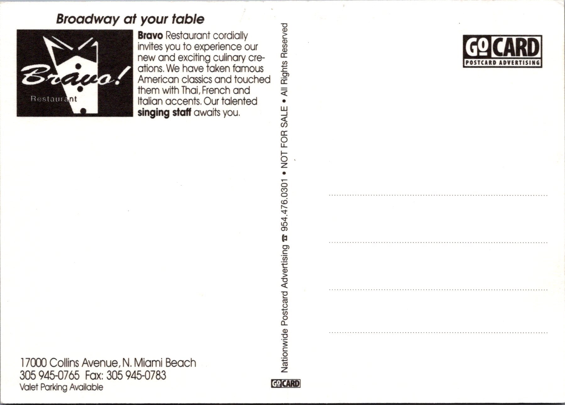Food Postcard - Bravo Restaurant, Miami Beach, Florida Ref.SW10047