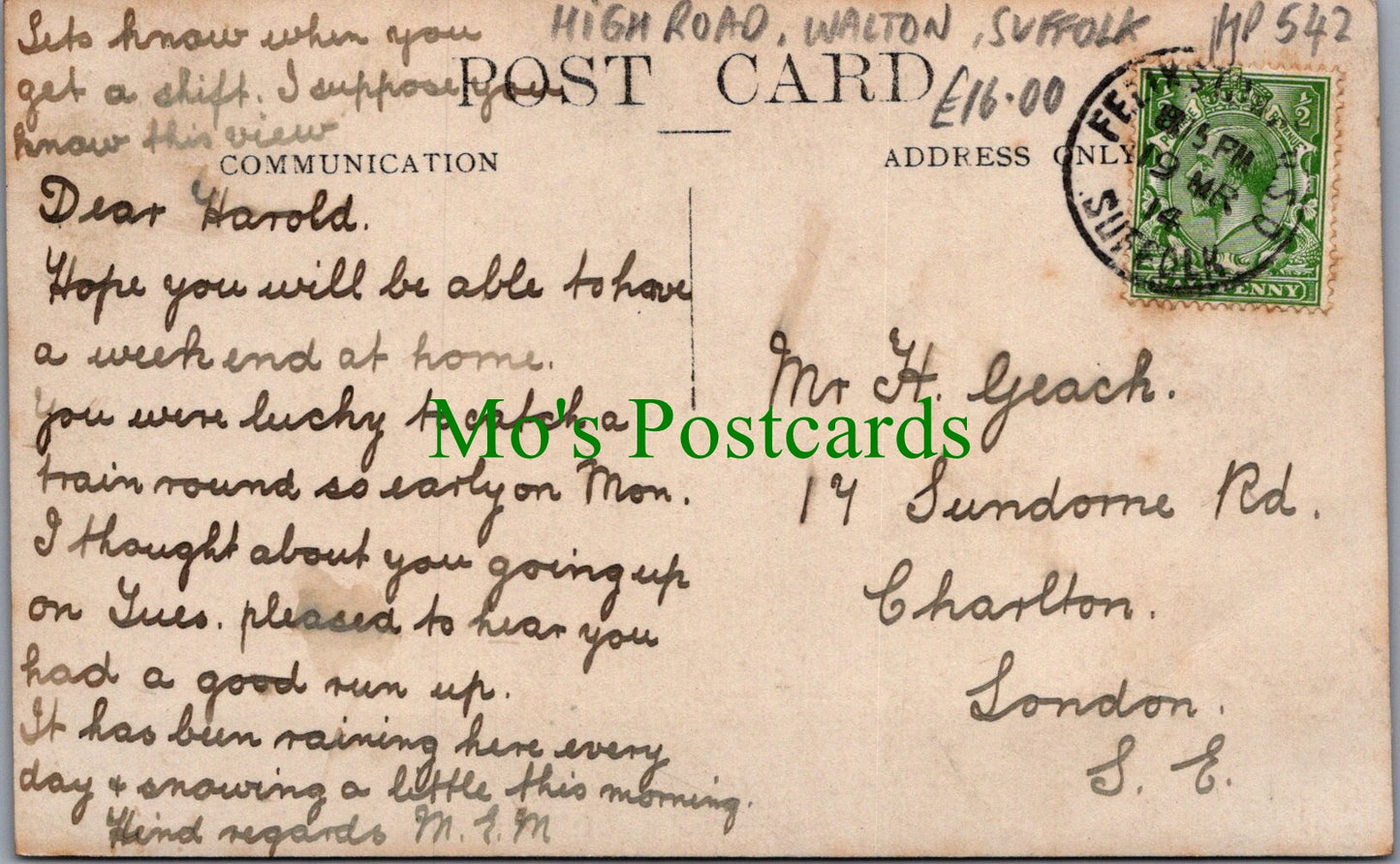 Suffolk Postcard - High Road, Walton Village, Felixstowe Parish HP542