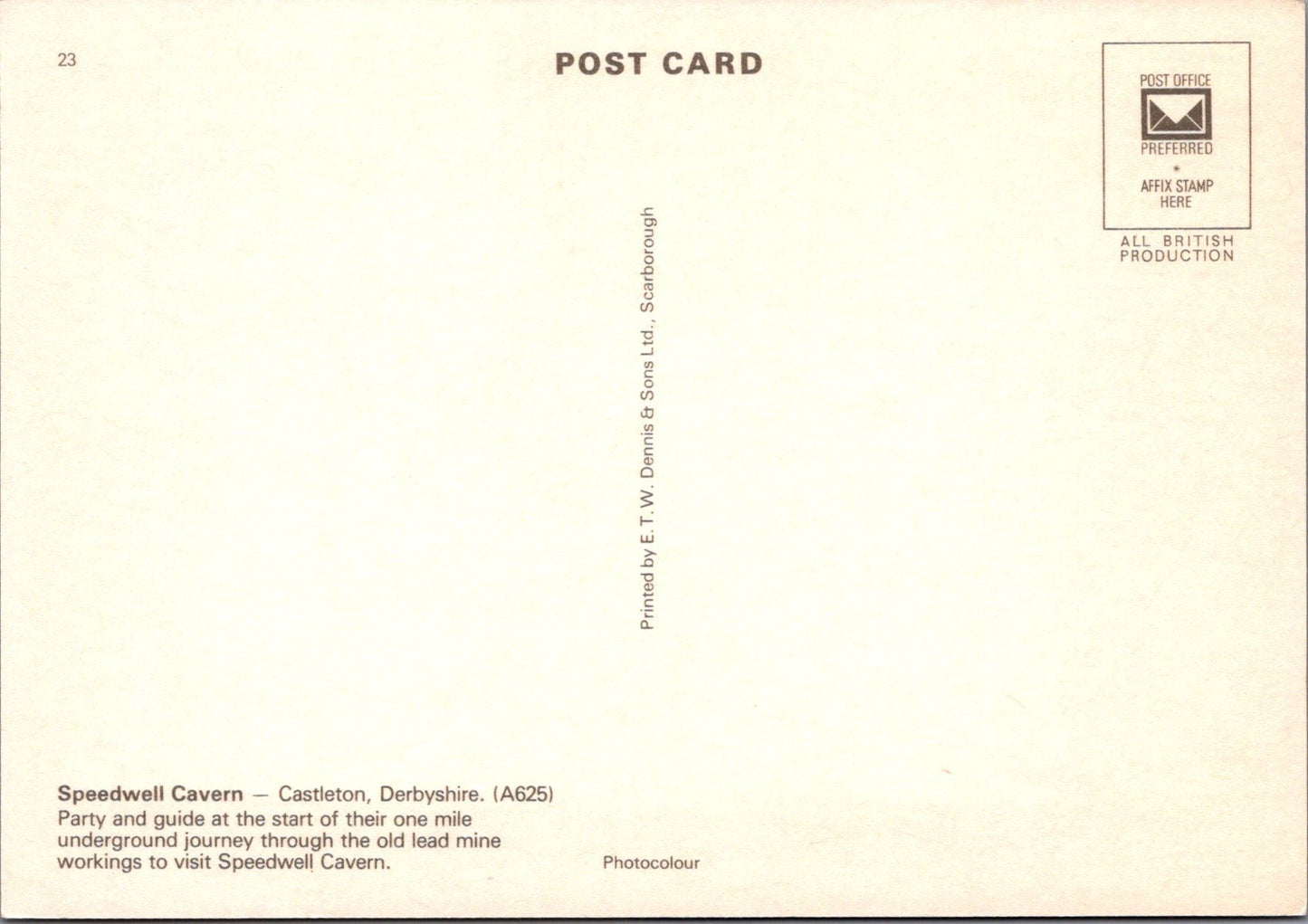 Derbyshire Postcard - Castleton, Speedwell Cavern SW10268