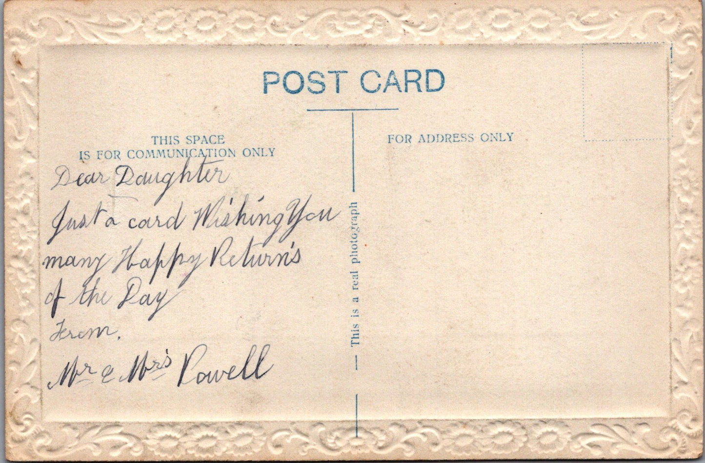 Birthday Greetings Postcard - My Happy Returns To My Dear Daughter SW10613
