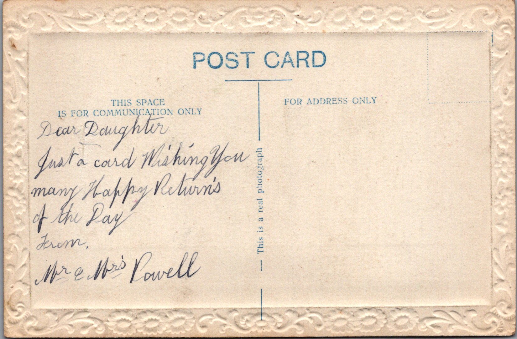 Birthday Greetings Postcard - My Happy Returns To My Dear Daughter SW10613