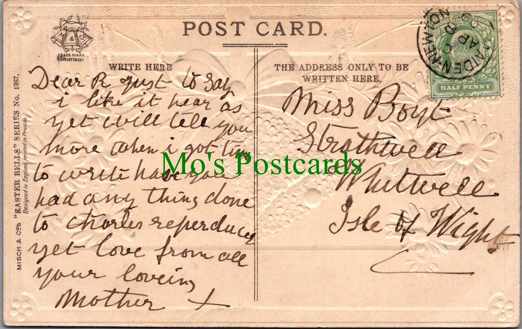 Embossed Greetings Postcard - A Happy Eastertide, Bell & Flowers SW10414