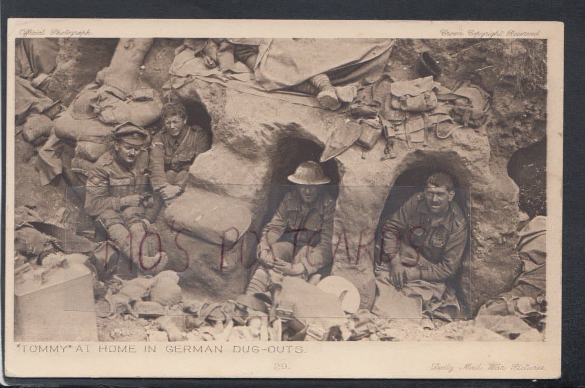 Military Postcard - "Tommy" at Home in German Dug-Outs - Mo’s Postcards 