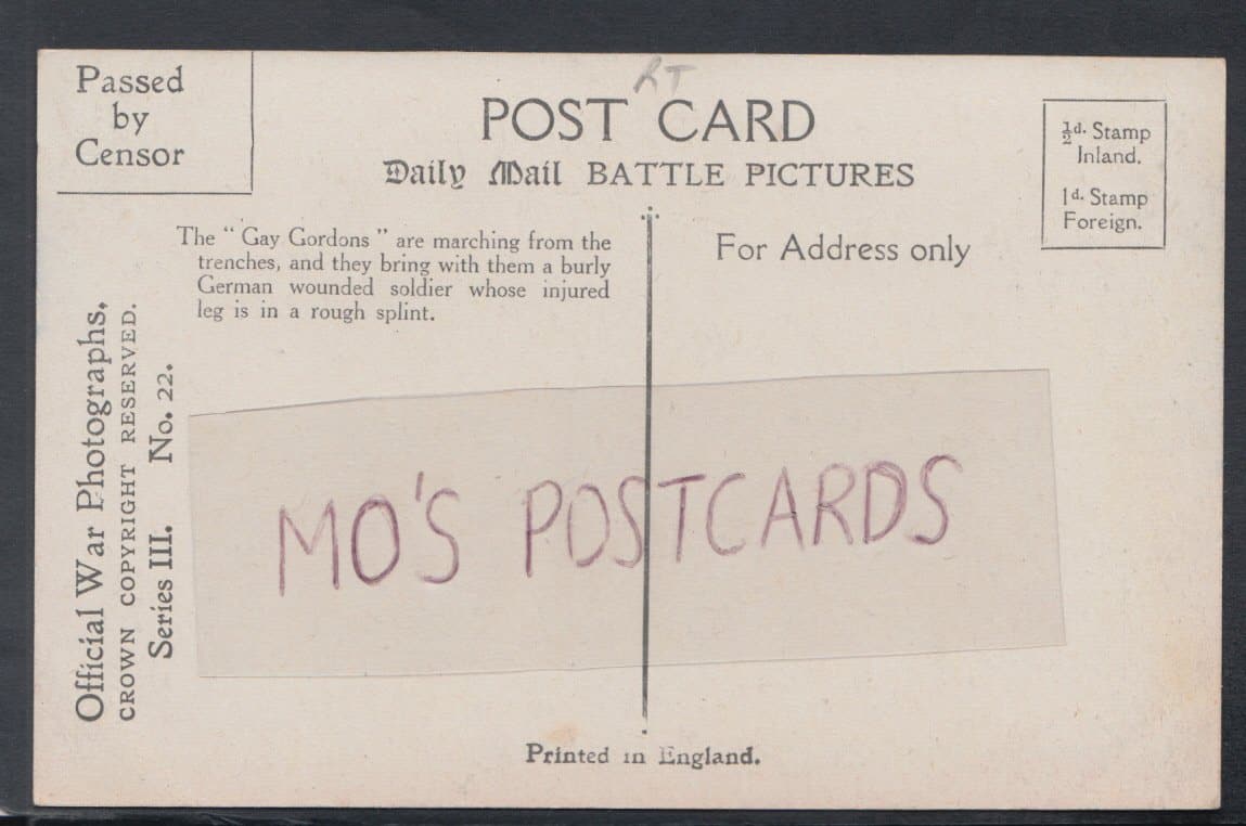 Military Postcard - Gordons Bringing in a Wounded German - Mo’s Postcards 