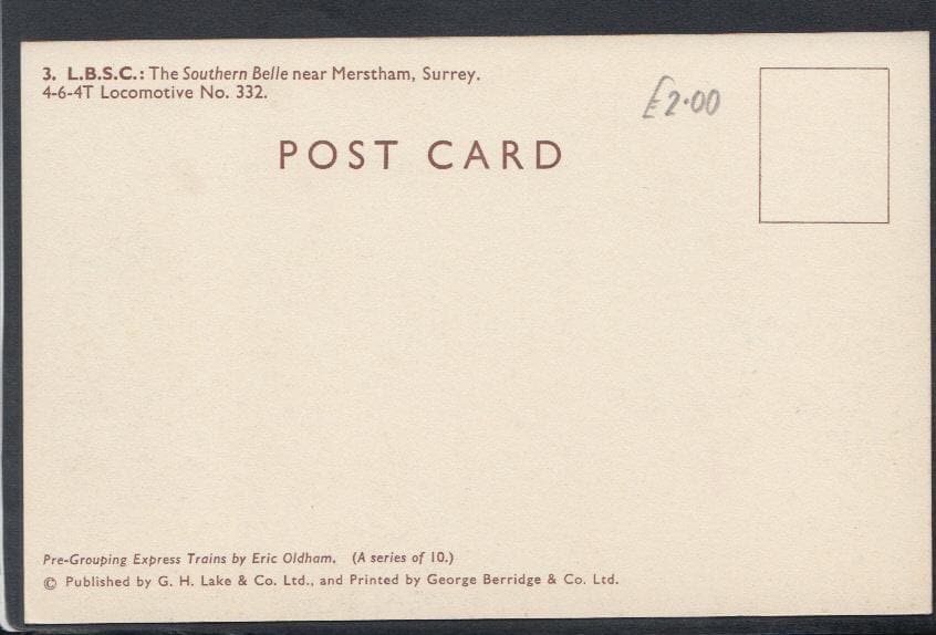 Railway Postcard - Trains - L.B.S.C. The Southern Belle Near Merstham, Surrey 4-6-4T Locomotive No 332 - Mo’s Postcards 