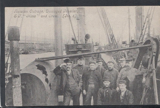 Shipping Postcard - Russian Outrage, Damaged Trawler, S.T."Mino" and Crew - Mo’s Postcards 