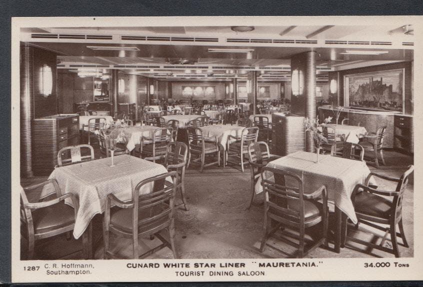 Shipping Postcard - Cunard White Star Line "Mauretania" - Tourist Dining Saloon - Mo’s Postcards 