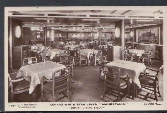 Shipping Postcard - Cunard White Star Line "Mauretania" - Tourist Dining Saloon - Mo’s Postcards 