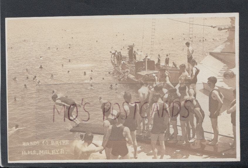 Military Postcard - Naval - Hands To Bathe, Sailors Diving, H.M.S.Malaya - Mo’s Postcards 