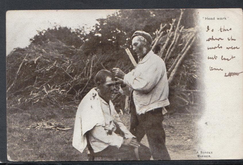 Sussex Postcard - A Sussex Barber Cutting Hair - "Head Wark", 1903 - Mo’s Postcards 