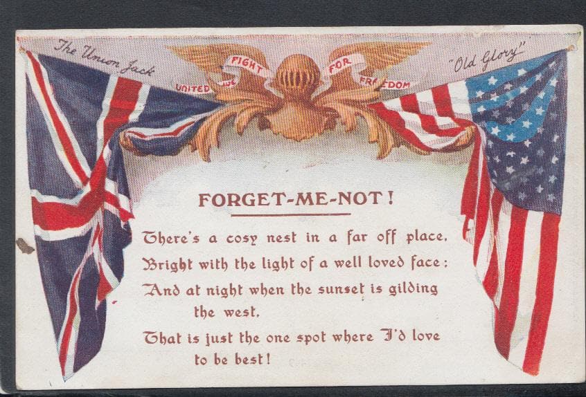 Military Postcard - Patriotic - Forget-Me-Not ! - The Union Jack and "Old Glory", 1919 - Mo’s Postcards 