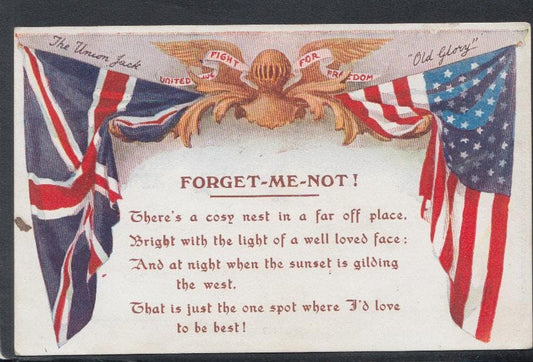 Military Postcard - Patriotic - Forget-Me-Not ! - The Union Jack and "Old Glory", 1919 - Mo’s Postcards 