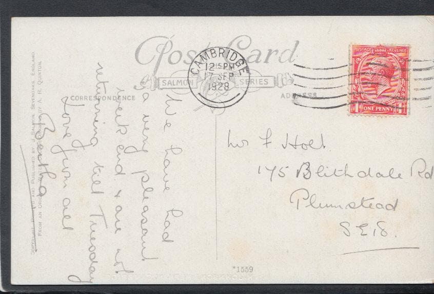 Cambridgeshire Postcard - Clare College, Cambridge - Artist A.R.Quinton, 1928 - Mo’s Postcards 