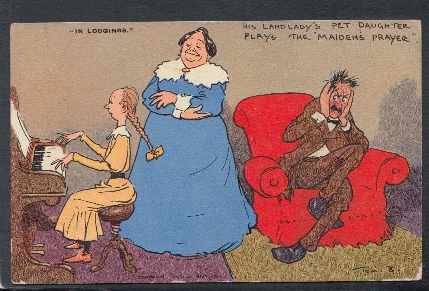 Comic Postcard - Piano / Music / Landlady / Lodger / "In Lodgings" - Artist Tom Browne, 1907 - Mo’s Postcards 