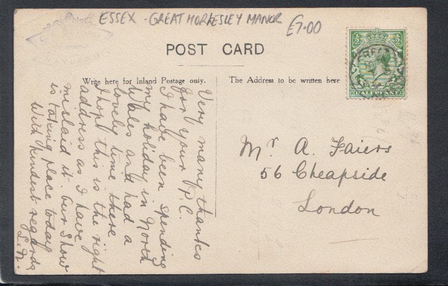 Essex Postcard - Great Horkesley Manor, 1913 - Mo’s Postcards 