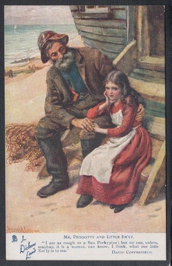 Literature Postcard - In Dickens Land - David Copperfield - Mr Peggotty and Little Em'ly - Mo’s Postcards 