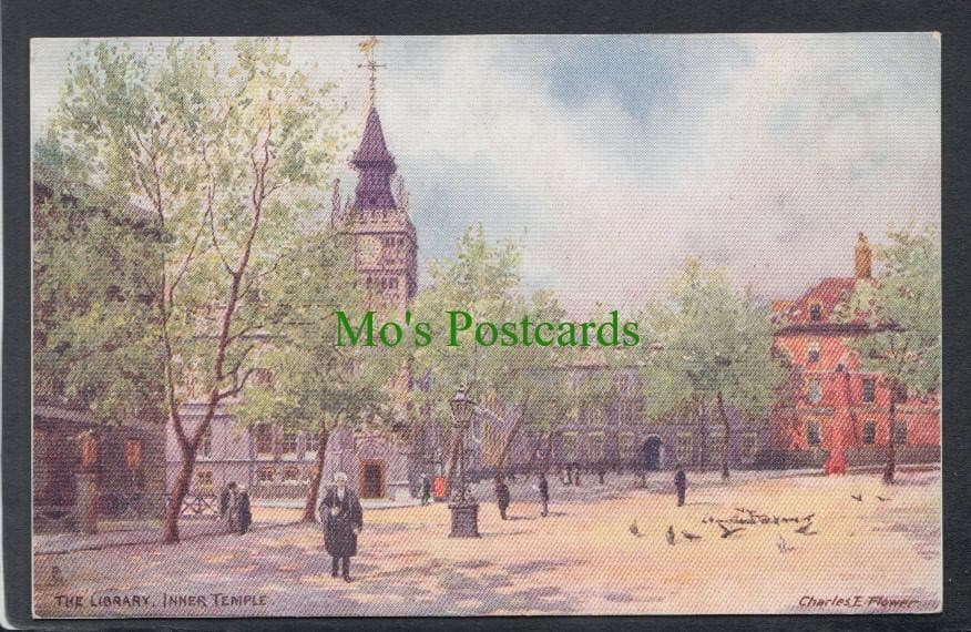 London Postcard - The Library, Inner Temple - Artist Charles.E.Flower - Mo’s Postcards 