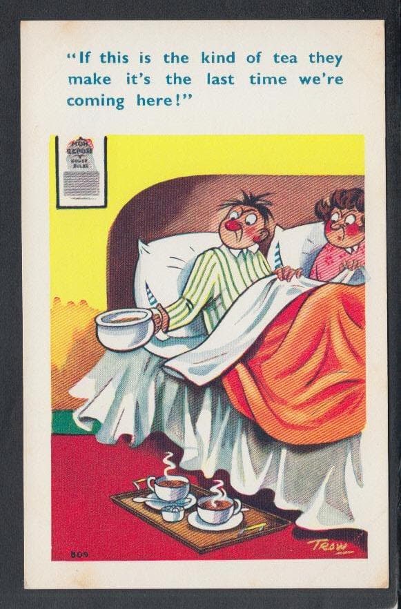 Comic Postcard - Couple / Bed / B & B / Drink / Tea / Bed Pan - Trow - Mo’s Postcards 