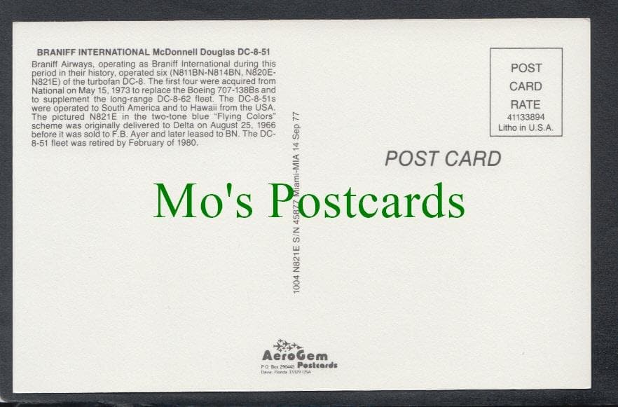 Aviation Postcard - Braniff International McDonnell Douglas Aeroplane