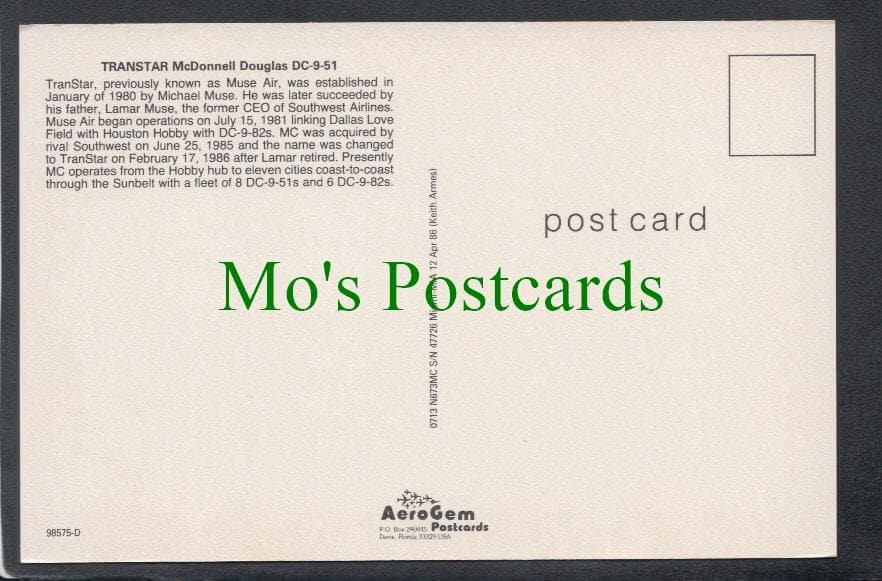 Aviation Postcard - Transtar McDonnell Douglas Aeroplane
