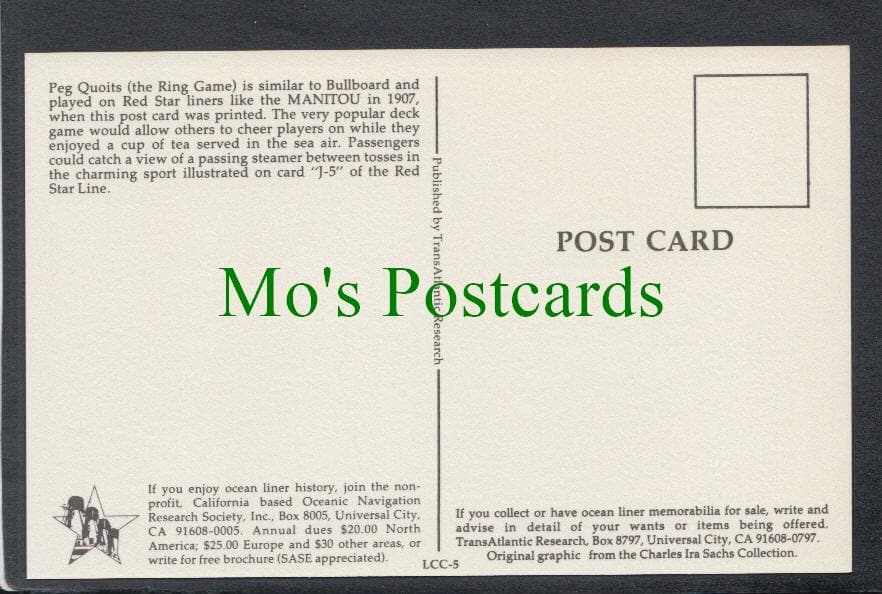 Shipping Postcard - Red Star Line, Peg Quoits