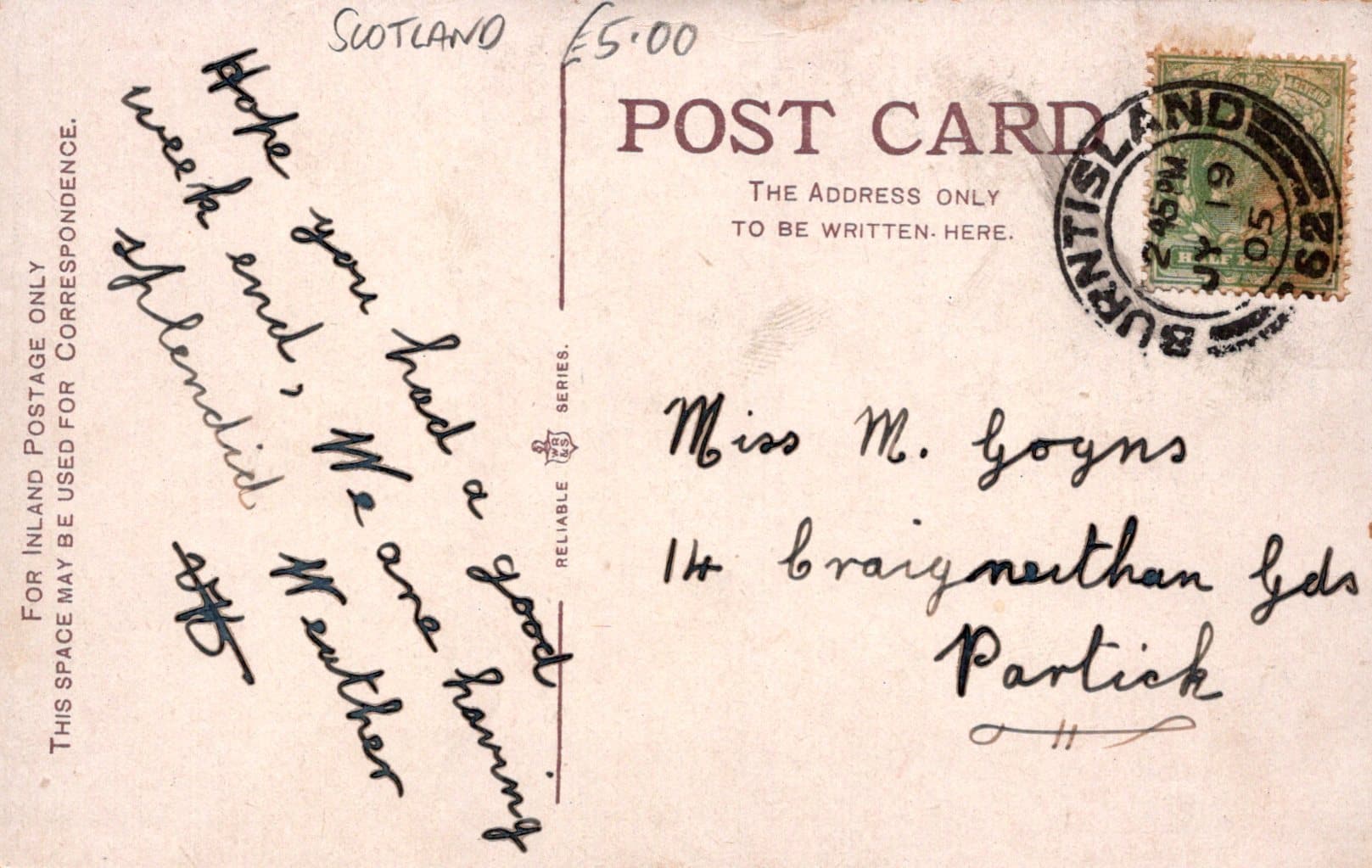 Scotland Postcard - High Street, Burntisland, From Links, 1905 - Mo’s Postcards 