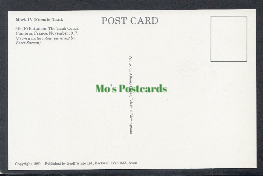 Military Postcard - Mark IV (Female) Tank, 6th (F) Battalion, The Tank Corps - Mo’s Postcards 
