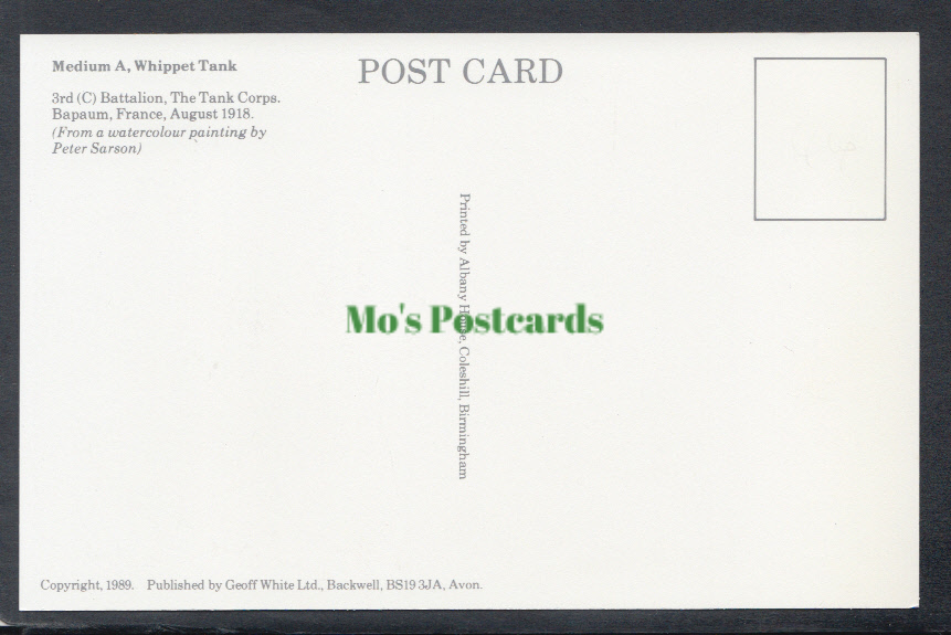 Military Postcard - Medium A, Whippet Tank - The Tank Corps - Mo’s Postcards 