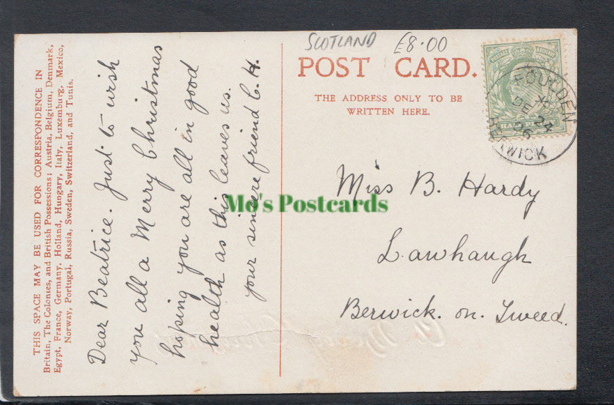 Scotland Postcard - A Merry Christmas - Ninewells Path, Chirnside, 1906 - Mo’s Postcards 