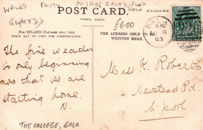 Wales Postcard - Bala, The College, 1903 - Mo’s Postcards 